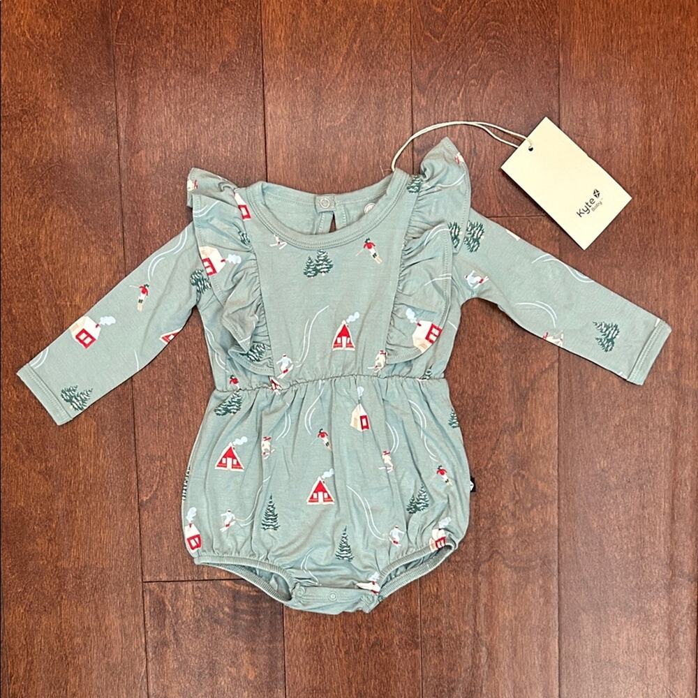 Kyte BABY Teal Ruffle Romper with Winter Scene Accents, Size 3-6M, NWT